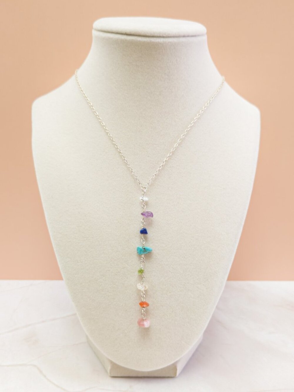 Sterling Silver Rainbow Gemstone Necklace | 16” + 3” Drop | Pride Jewelry